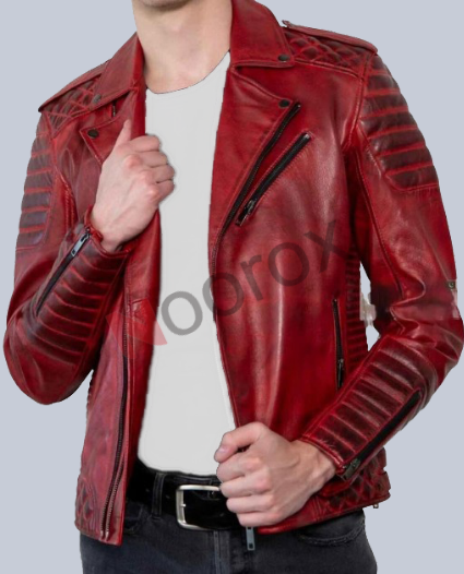 Men Dark Red Vintage Style Biker Sheepskin Leather Jacket