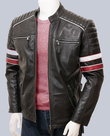 Men Black With White & Red Strips Leather Jacket