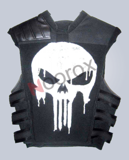 Men Black Leather The Punisher War Zone Vest