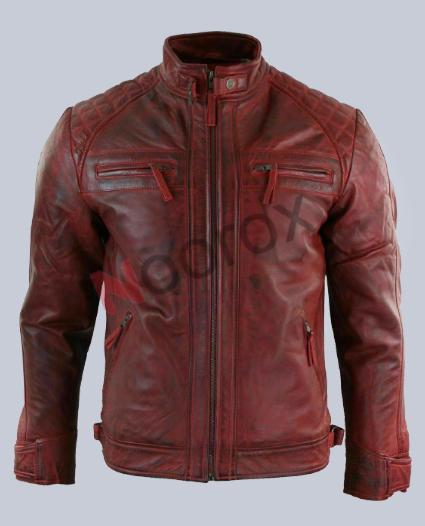 Men Maroon Retro Style Waxed Leather Jacket