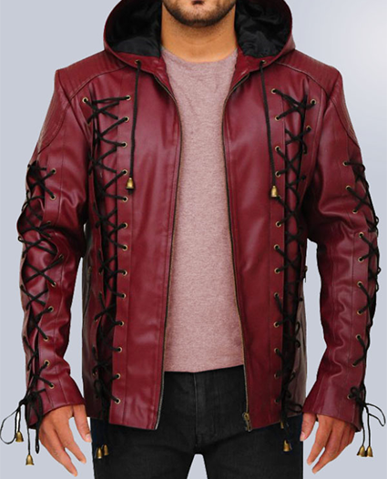 Men Maroon Faux Leather Hoodie Jacket