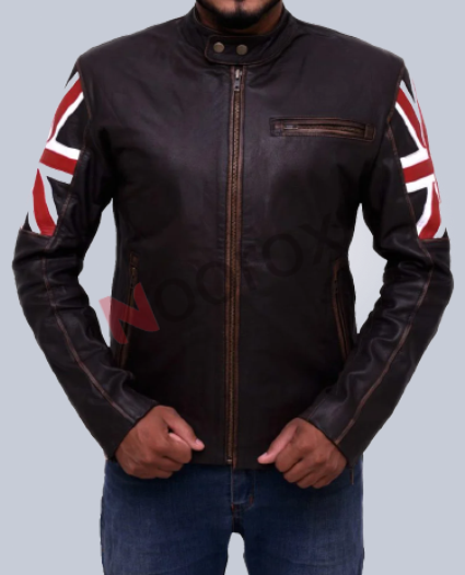 Men Brown UK Flag Cafe Racer Leather Jacket