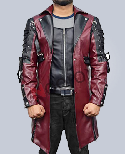 Men Maroon & Black Steampunk Gothic Matrix Faux Leather Coat