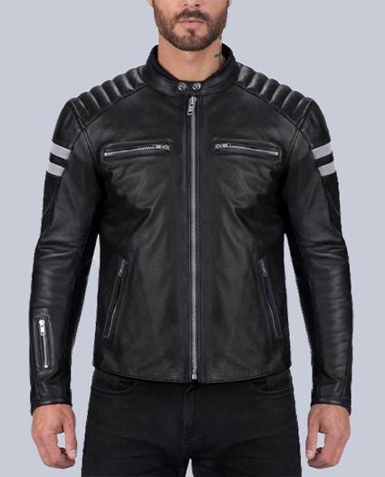 Men Black With White Strips Leather Jacket