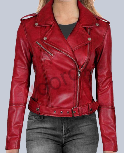 Women Maroon Biker Waxed Leather Jacket