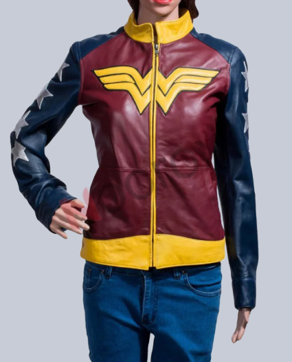 Women Multi Color Stylish Wonder Woman Leather Jacket