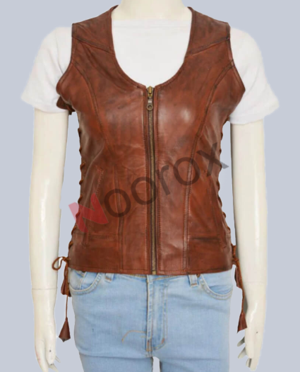 Women Tan Brown The Walking Dead Michonne Waxed Leather Vest