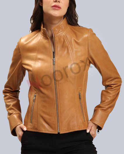 Women Tan Leather Stylish Jacket
