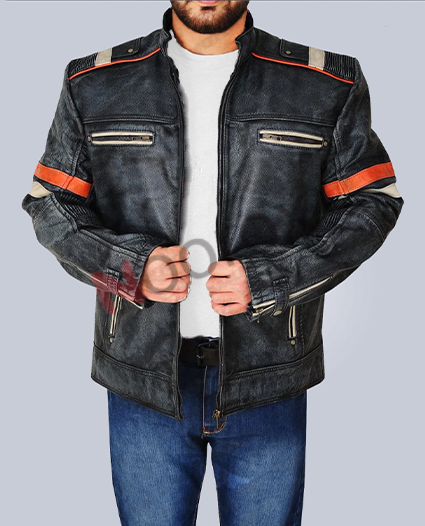 Men Distressed Black Cafe Racer Retro Jacket