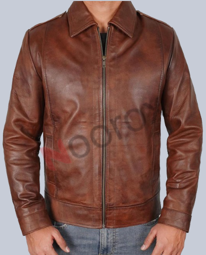 Men Brown Waxed Shirt Collar style Leather Jacket