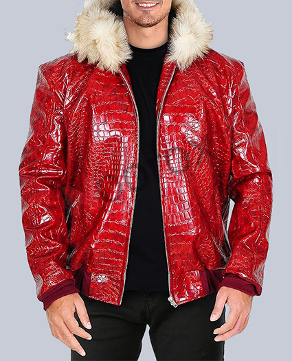 Men Dark Red Crocodile Faux Leather Hoodie Jacket