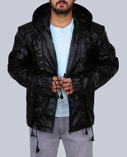 Men Black Faux Leather Hoodie jacket