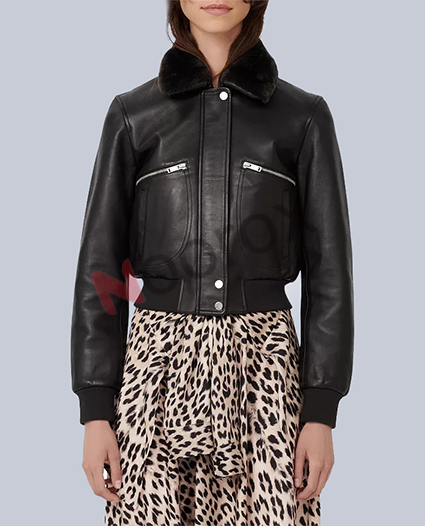 Women Black Faux Fur Collar Leather Jacket