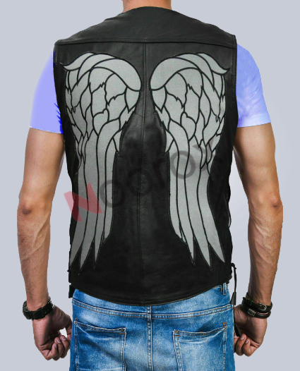 Men Black Leather Walking Dead Angel Vest