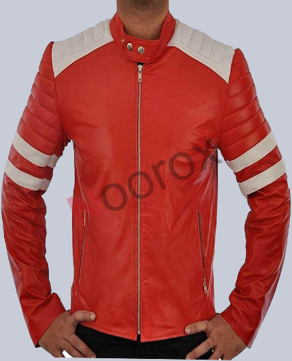 Men Red & White Fight Club Motorcycle Faux Leather Jacket