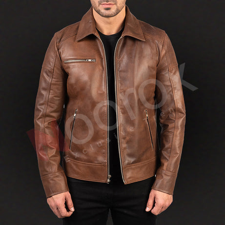 Noorox Brown Leather Biker Jacket