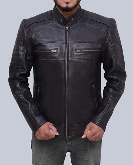 Men Black Biker Cafe Racer Leather Jacket