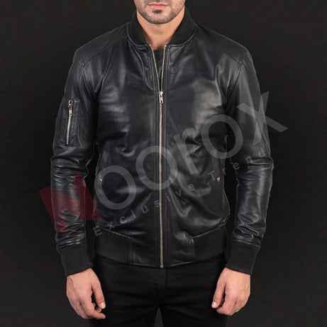 Noorox Black Leather Bomber Jacket