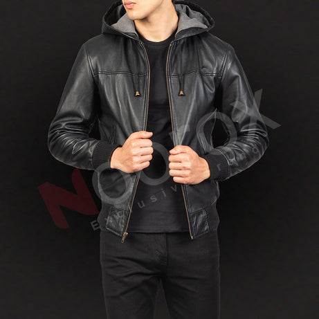 Noorox Black Hooded Leather Bomber Jacket