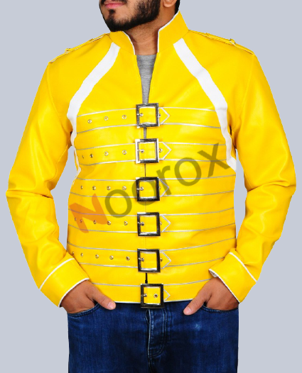 Men Yellow Freddie Mercury Concert Faux Leather Jacket