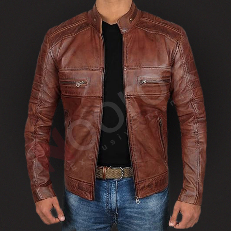Noorox Brown Leather Jacket Mens - Cafe Racer Real Lambskin Leather Distressed Motorcycle Jacket
