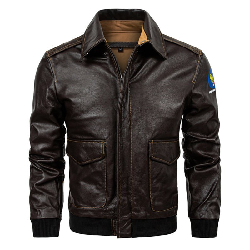 Genuine Leather Flight Jacket Baseball Uniform First Layer Cowhide Leather Men's Short Lapels Coat - Noorox